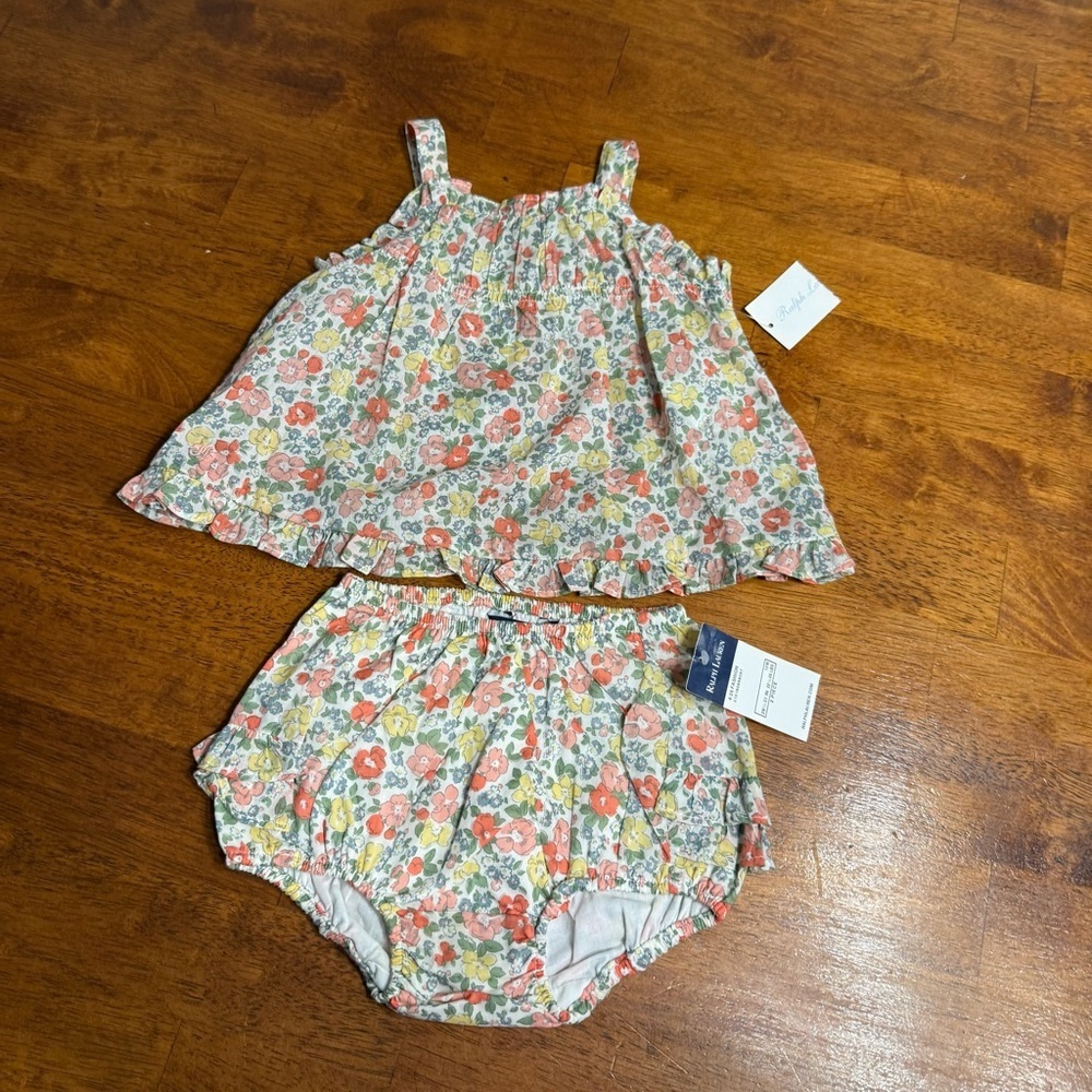 NWT Ralph Lauren Floral 2 pc Diaper Cover Set coral yellow Green size 9-12 m
